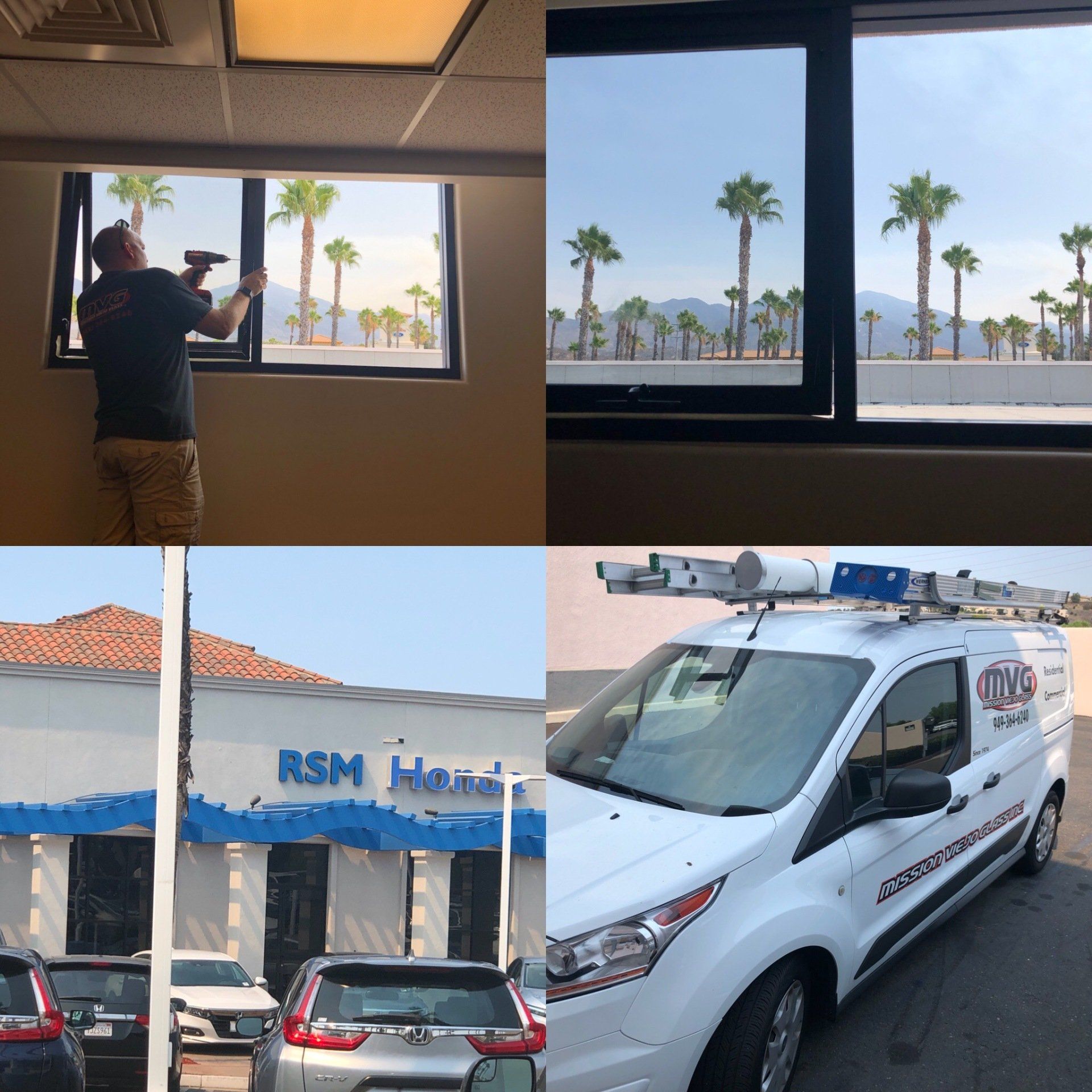 A collage of photos shows a man cleaning a window and a van with the word rsm on the side