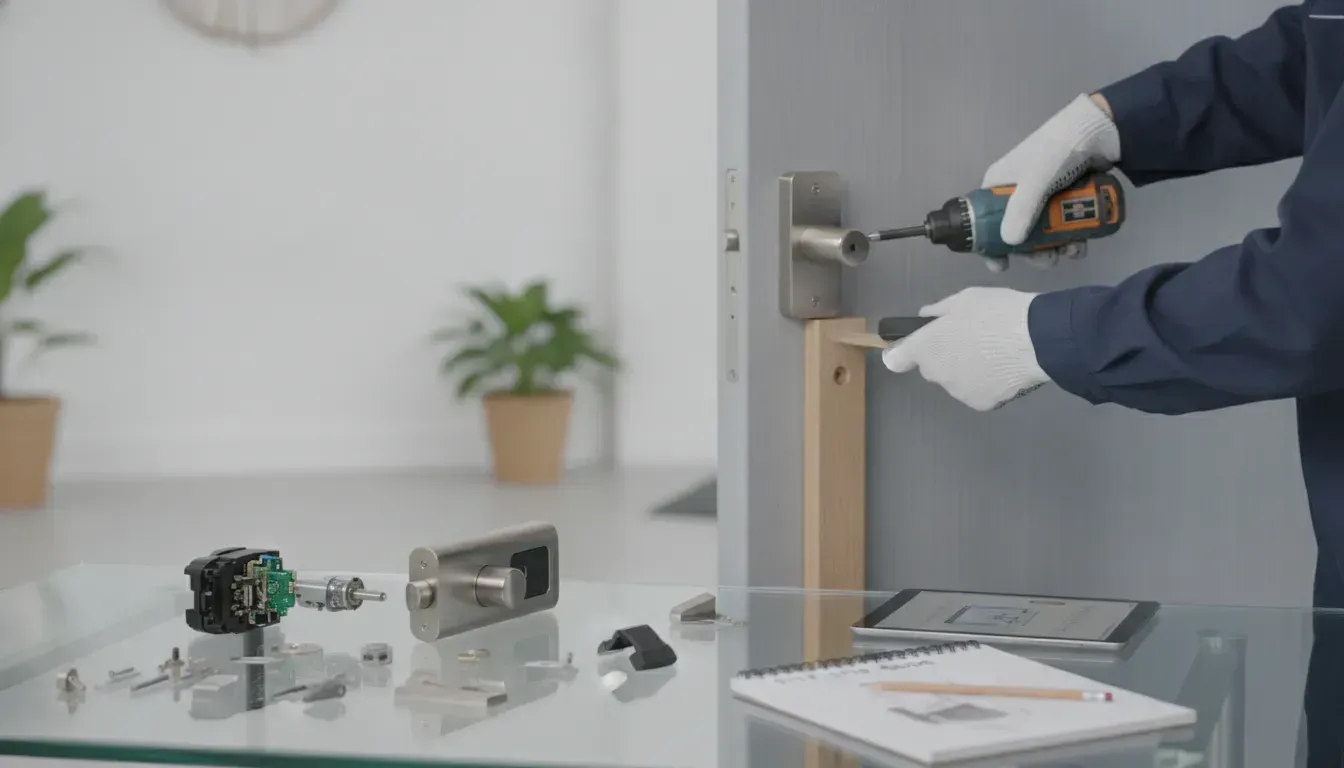 Person replacing a door lock with tools and new lock parts.