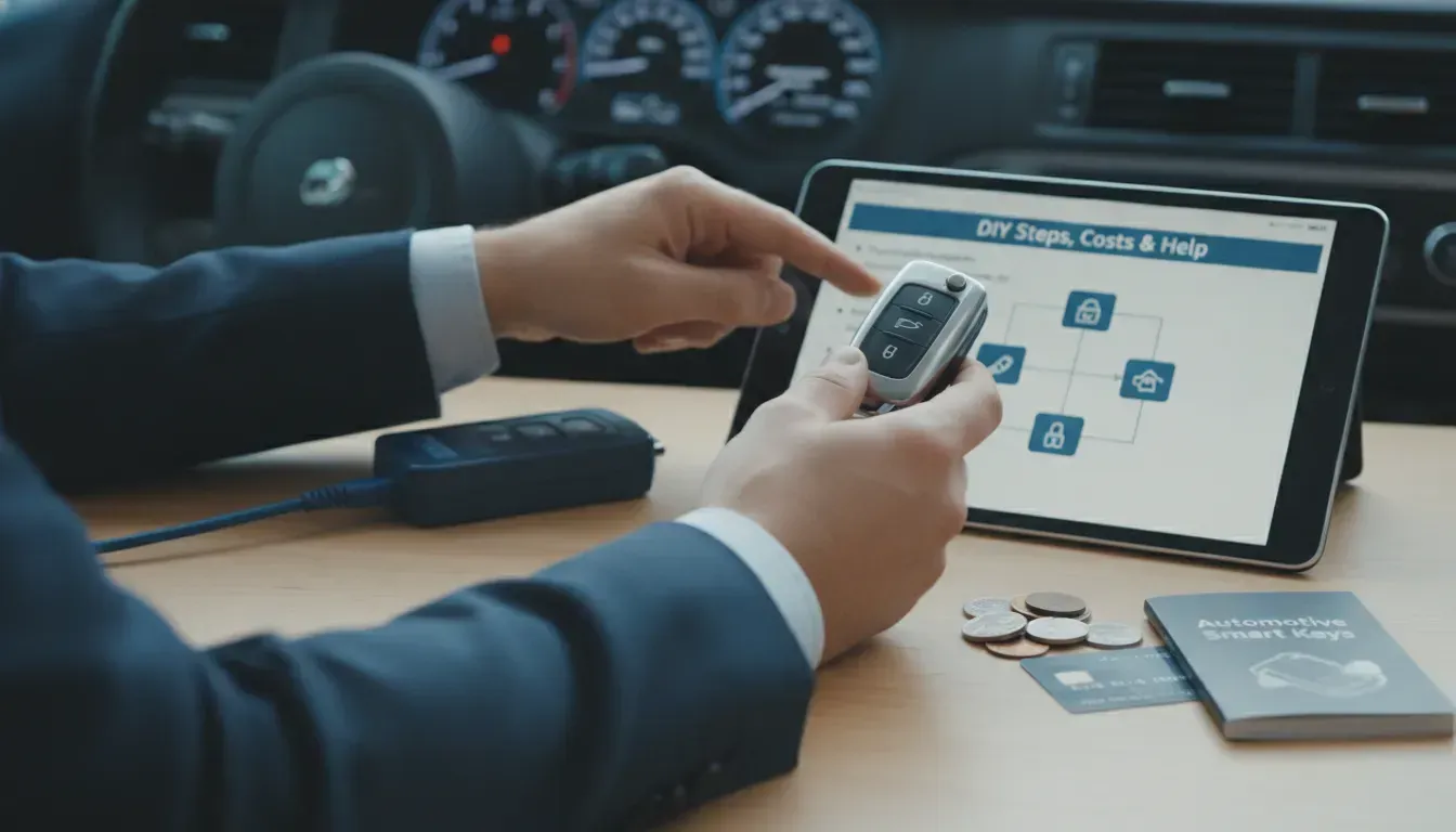 Auto key fob programming with DIY tools and tablet instructions on a car dashboard.