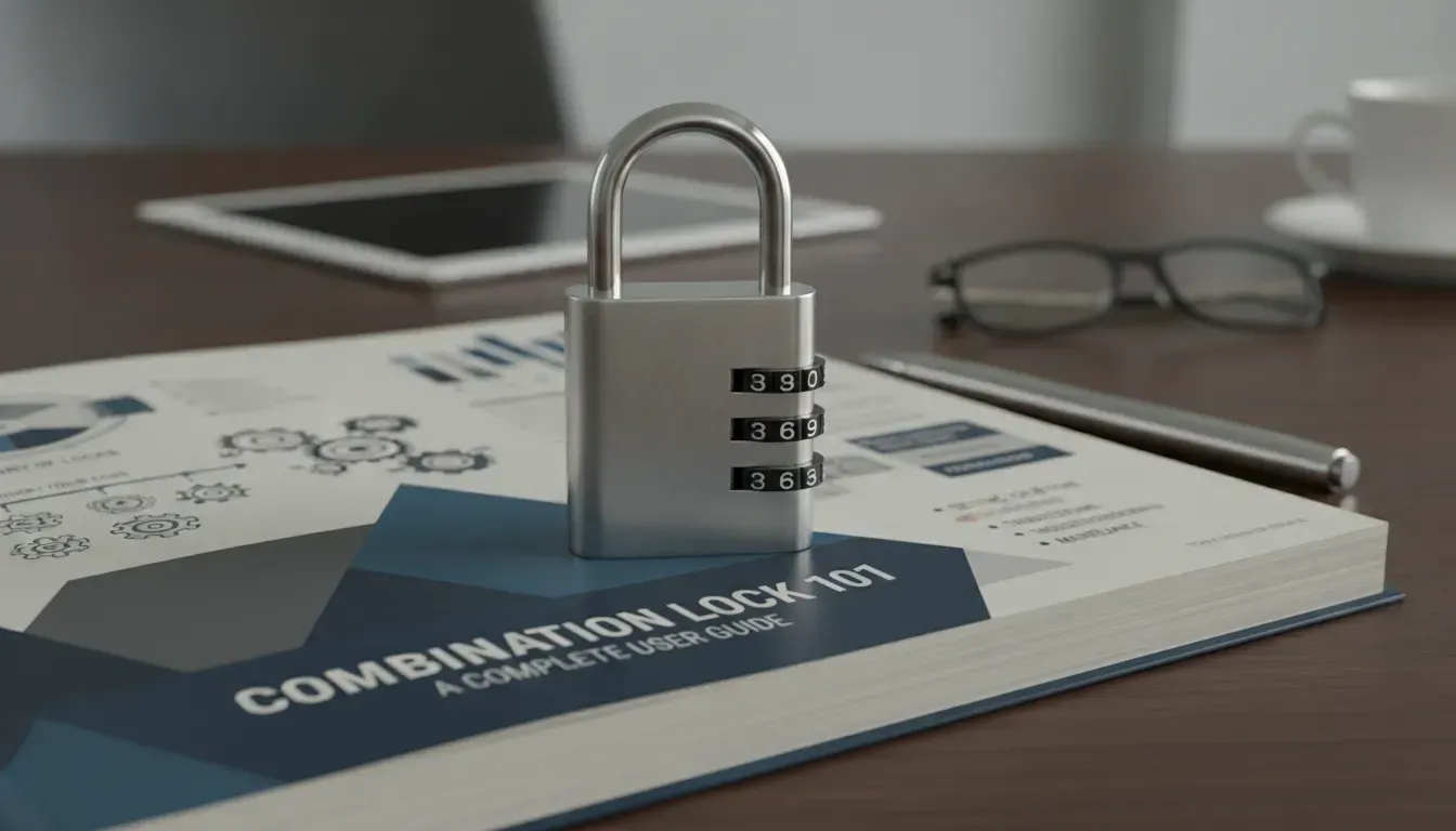 A dial combination lock resting on a complete user guide.