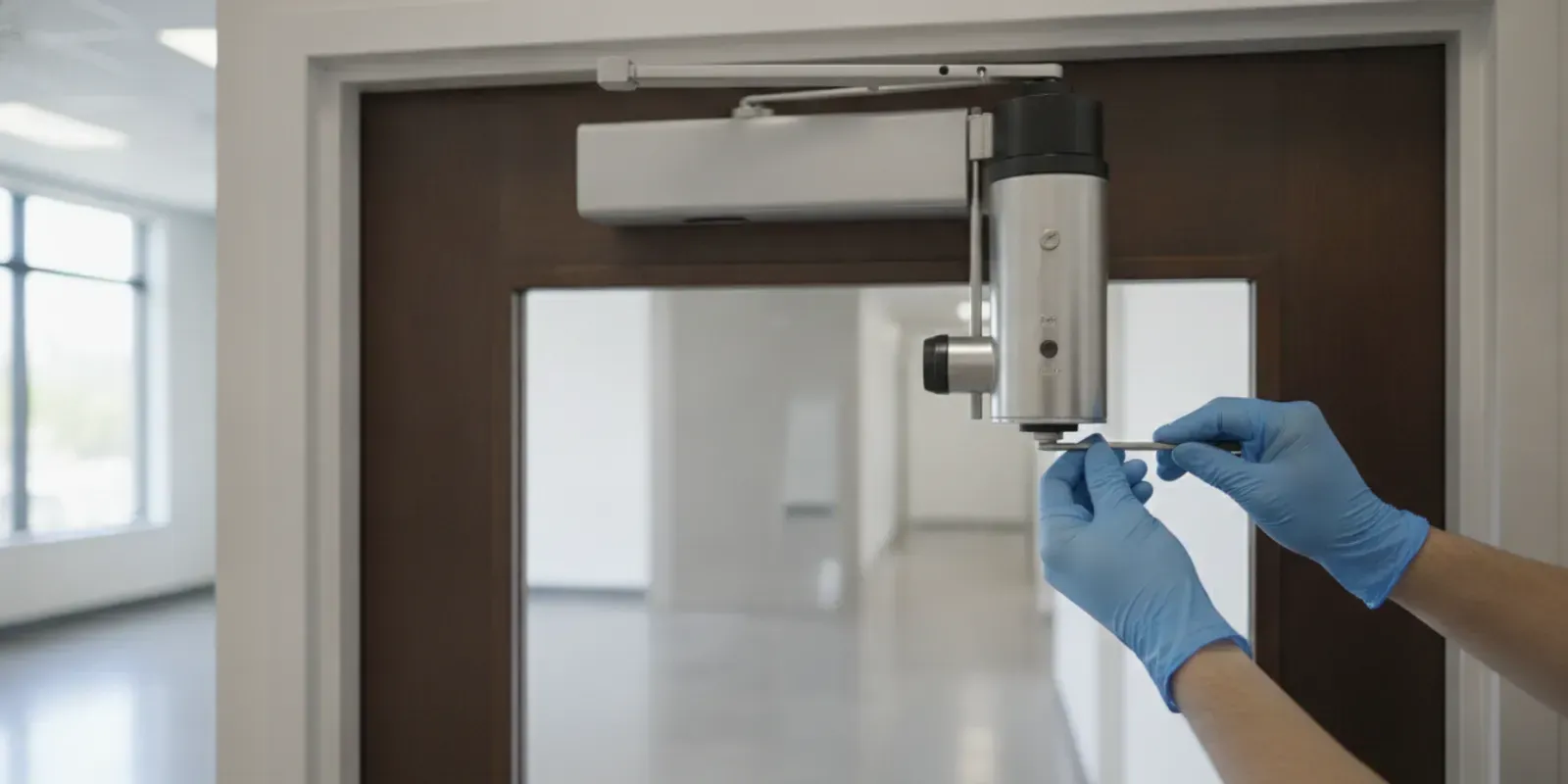 Commercial door closer mounted above a glass-and-metal business entrance
