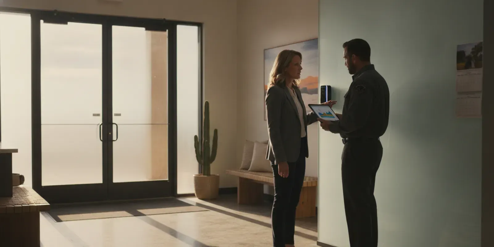 Business owner reviewing a door access control reader and entry records at a small office