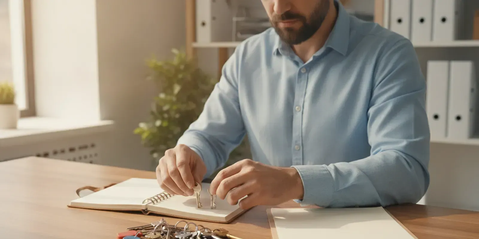 Business manager reviewing labeled keys and a key log at a work counter