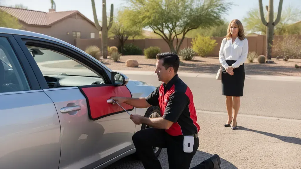 Automotive locksmith safely helping a customer with a locked car door in Mesa