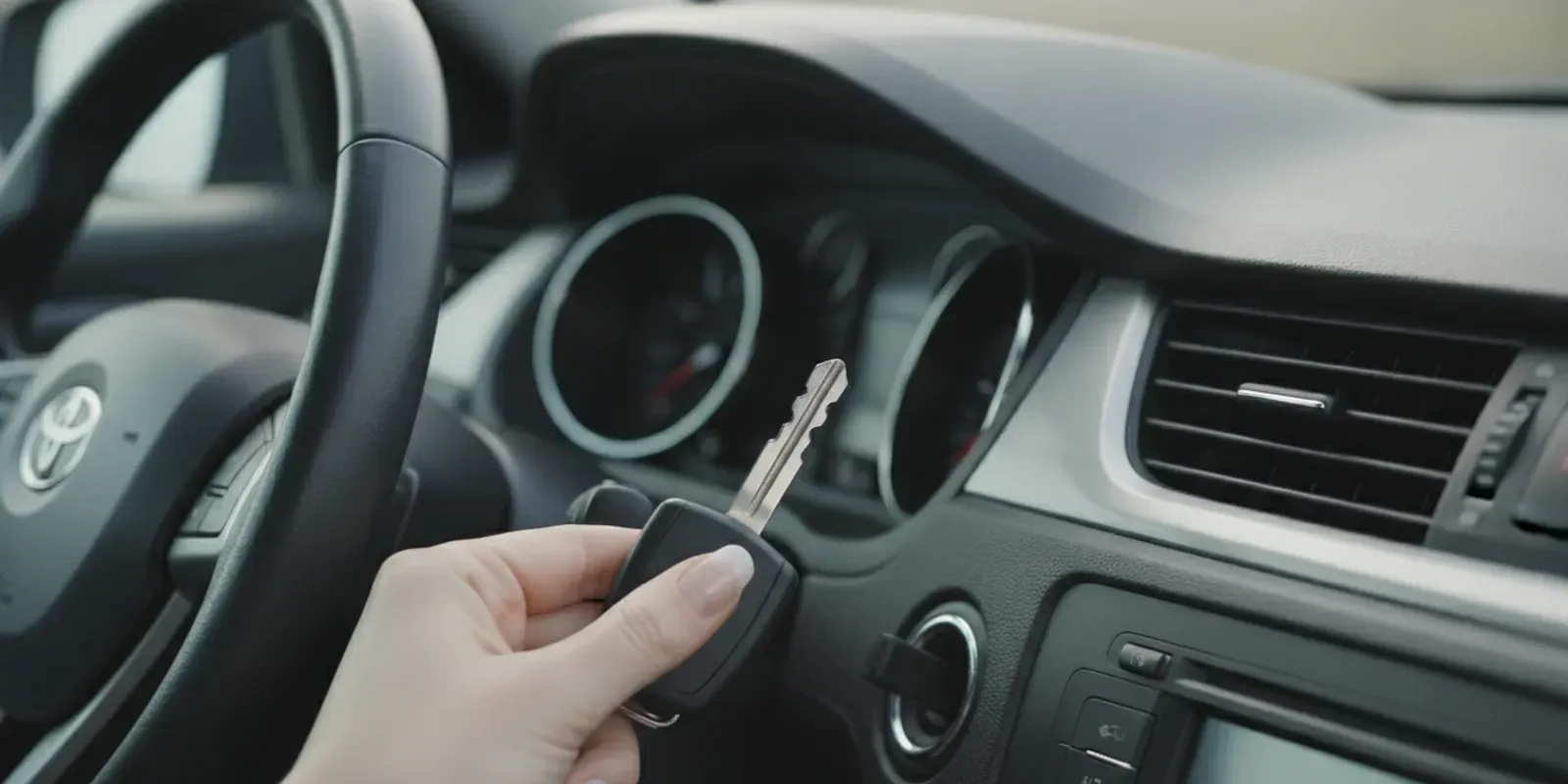 Close view of a vehicle ignition and key inside a parked car