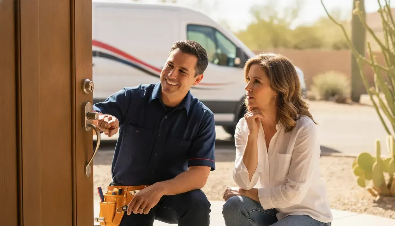 Locksmith discussing a residential lock service with a homeowner beside a mobile service van