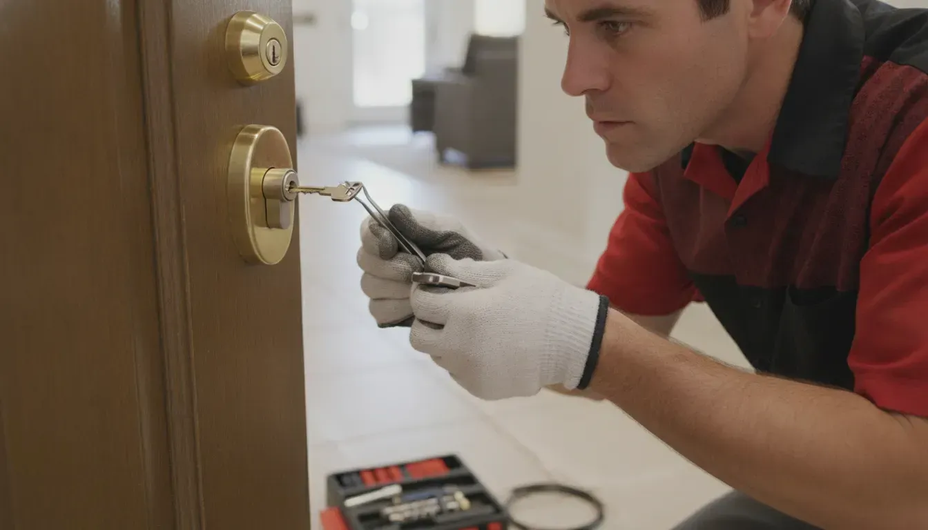 Locksmith examining a broken key fragment at a residential door lock