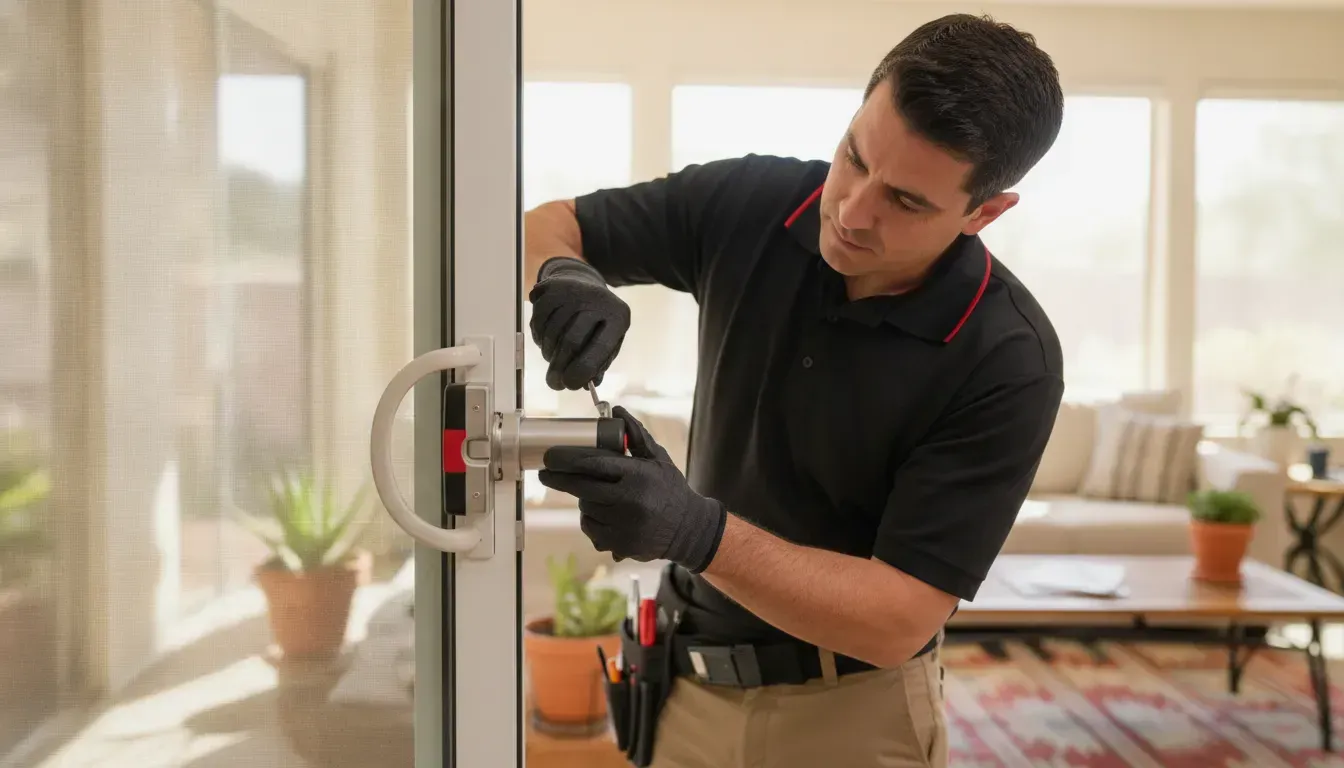 Locksmith assessing a residential sliding glass door lock