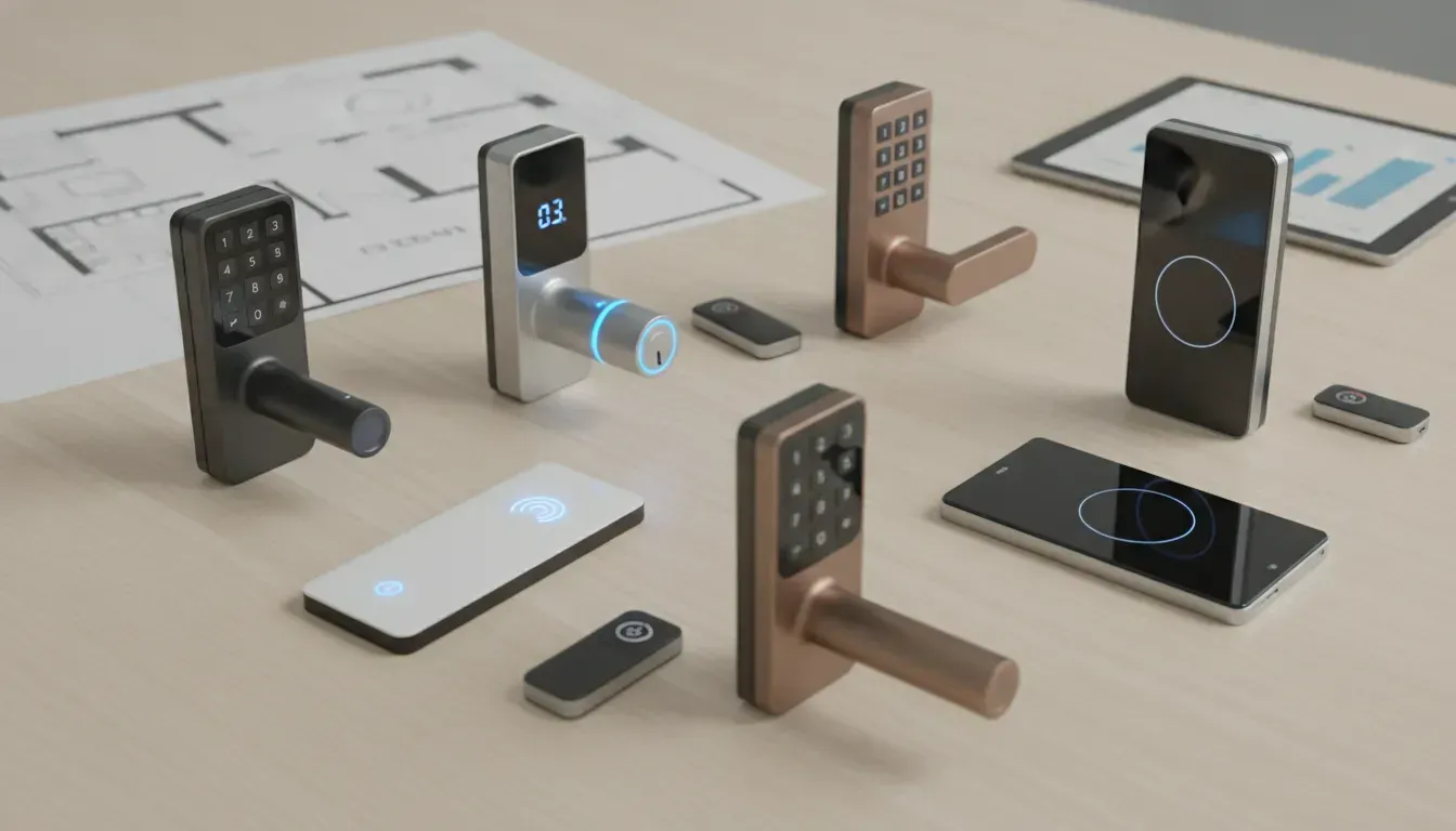 Keyless door locks with keypad, fingerprint, and smart access features.