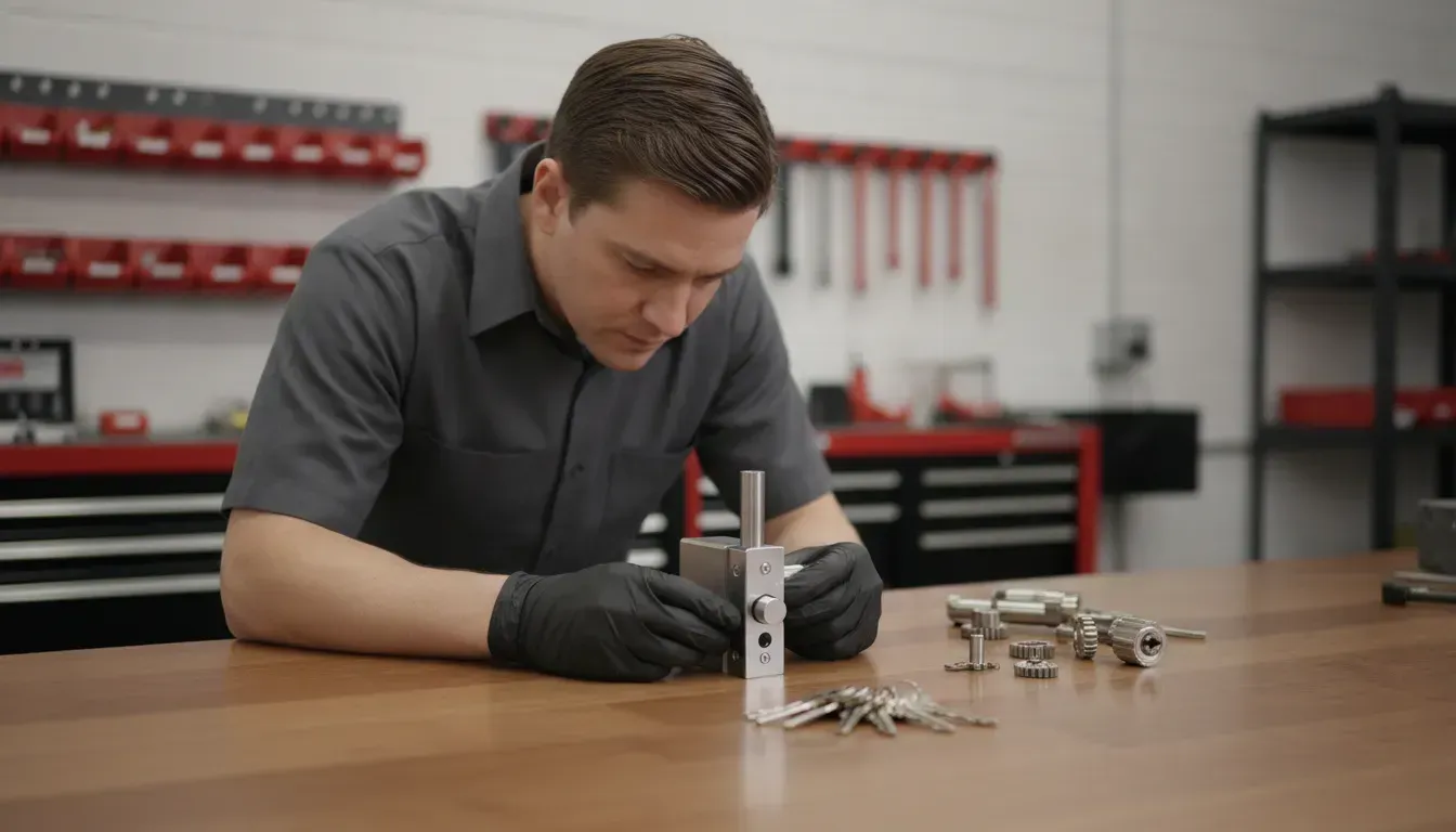 Locksmith examining a Mul-T-Lock high-security cylinder and keys