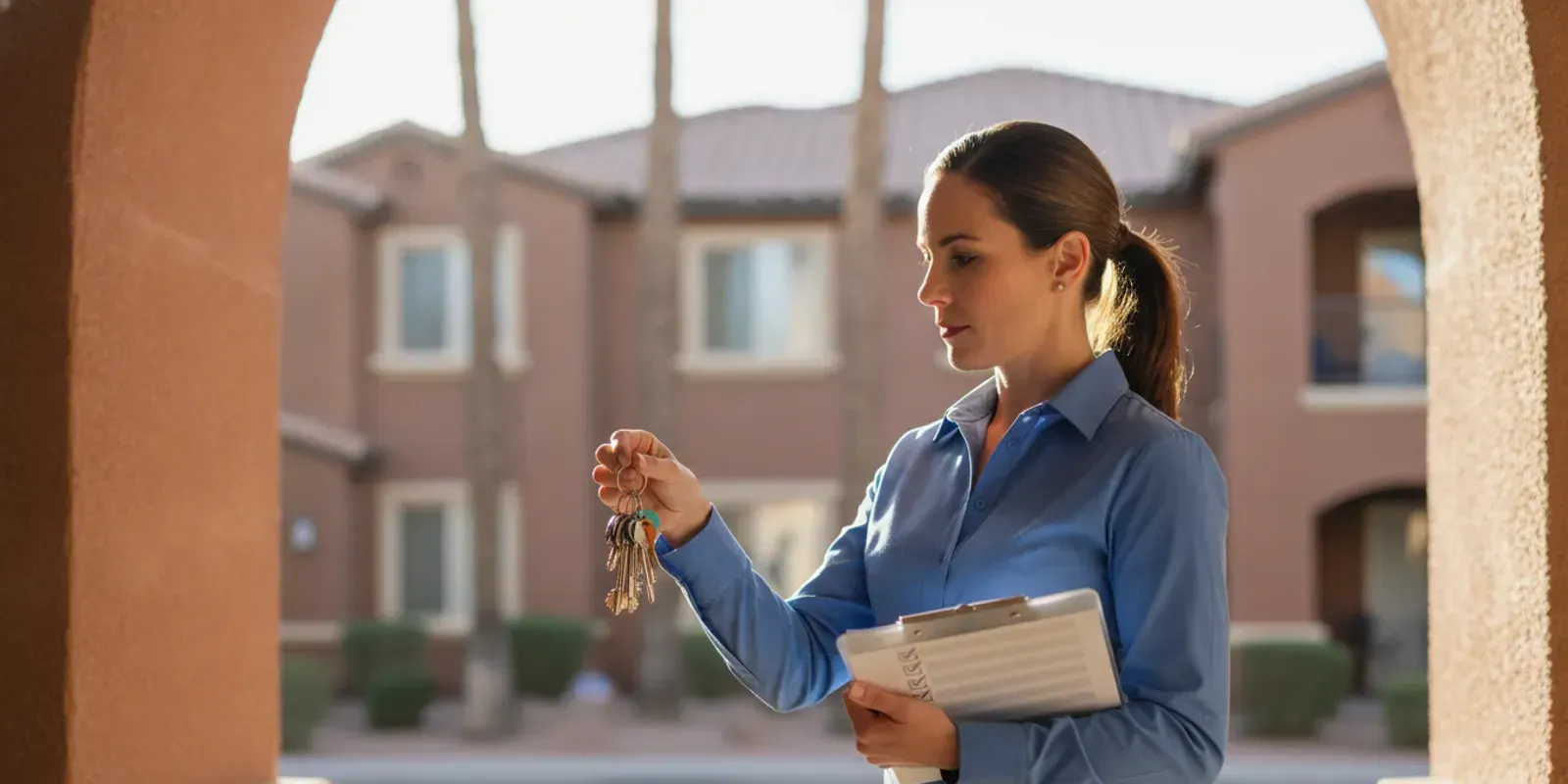 Property manager reviewing keys and a maintenance checklist outside an apartment building