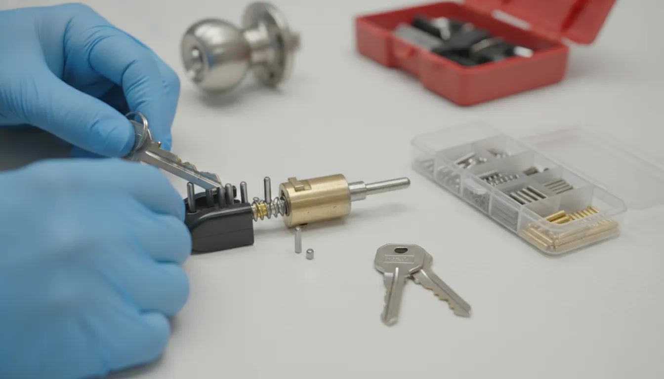 A person rekeying a lock cylinder with tools from a DIY kit.