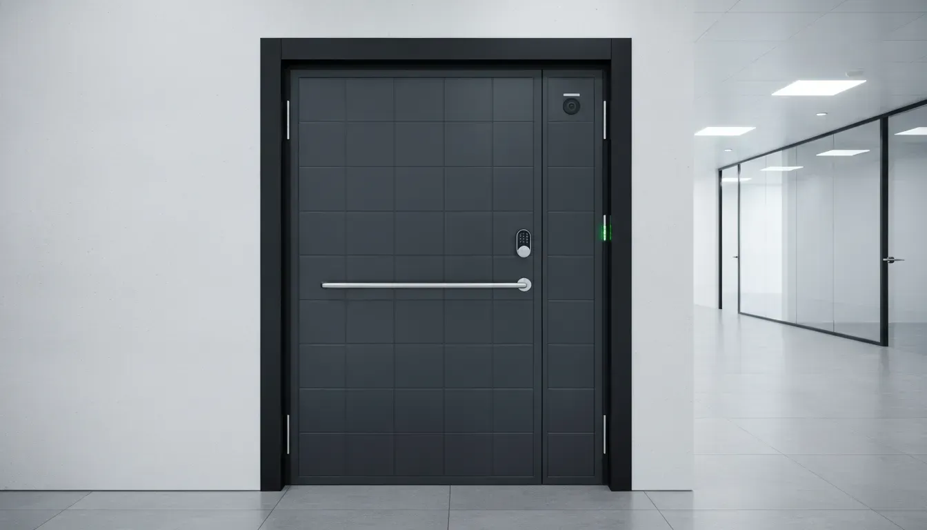 Modern security door with a keypad lock and reinforced frame.