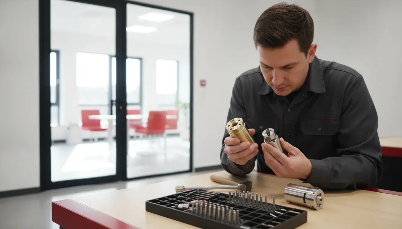 Locksmith comparing interchangeable cores for a commercial door system