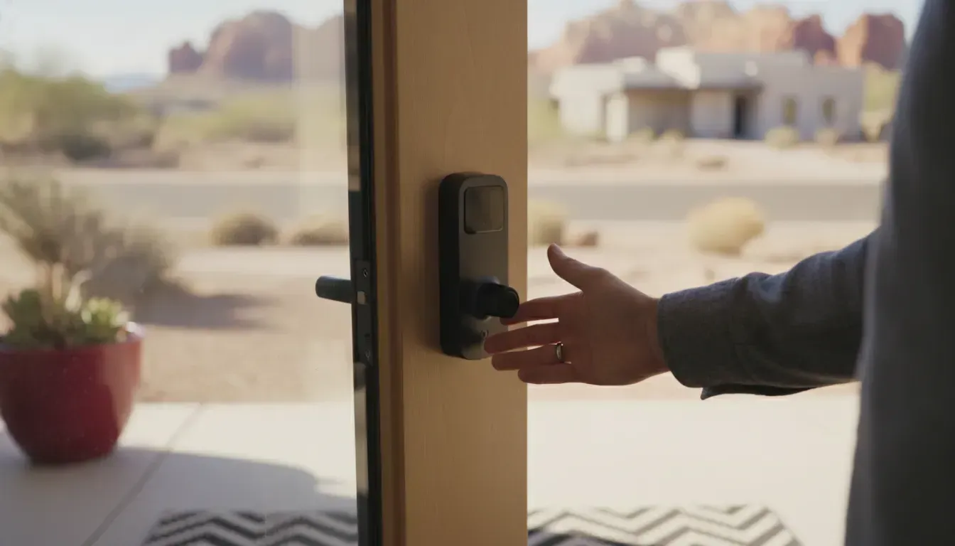 Homeowner evaluating a smart lock on a front door in an Arizona home