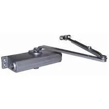 Silver door closer with a rectangular body and a folding arm.