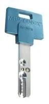 Blue and silver Mul-T-Lock key, with the brand name on the blue handle.
