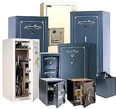 Collection of various steel security safes in different sizes.