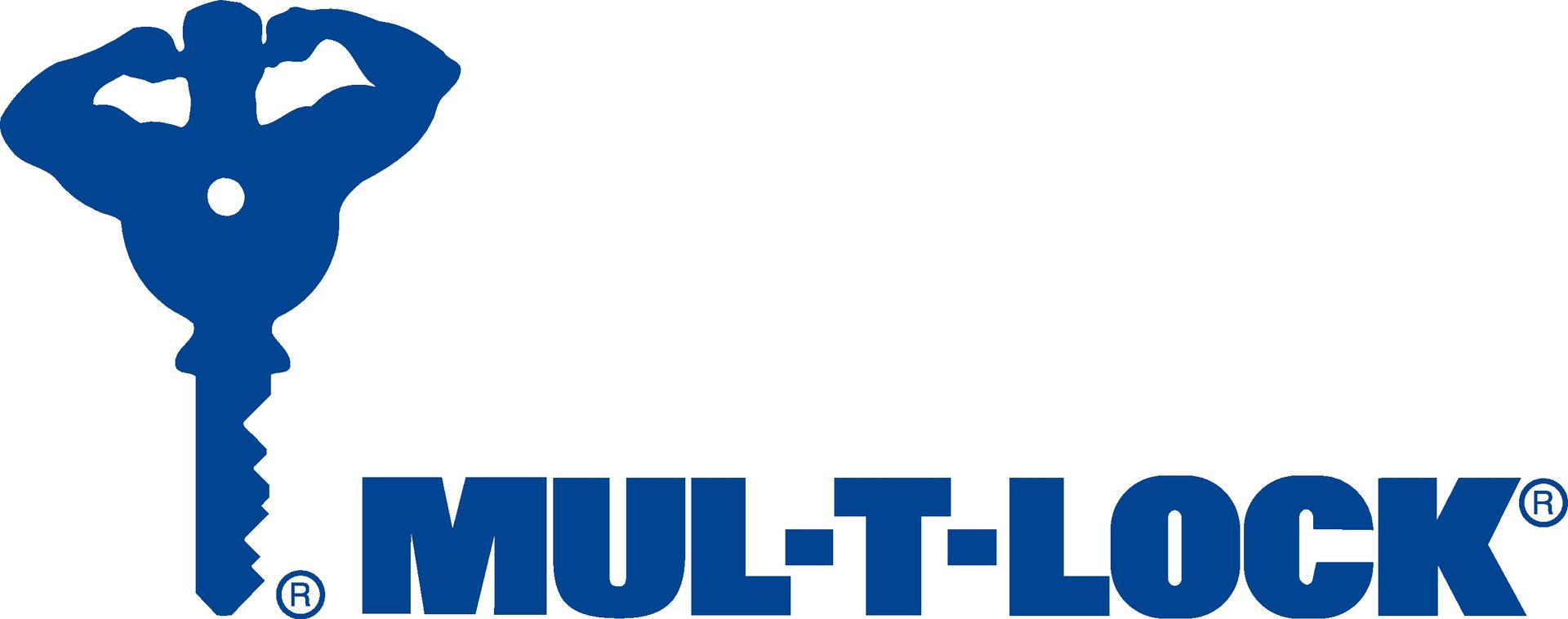 Blue logo of a key-shaped muscular person above the words