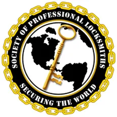 Logo: Society of Professional Locksmiths, golden key over a world map, ringed with chain.