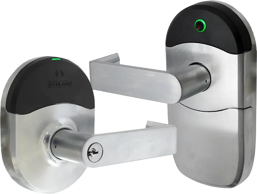 Two silver door handles with black tops; one has a keyhole, both have green lights.