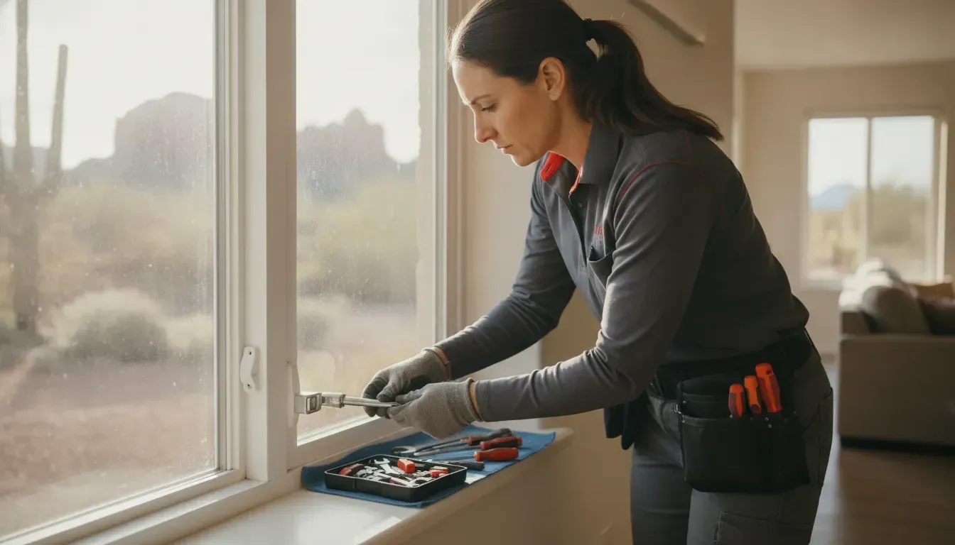 Locksmith technician fitting a replacement lock on a residential window