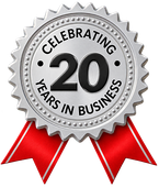 Silver award badge with red ribbons reading “Celebrating 20 Years in Business”