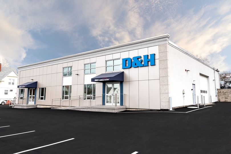 White building with blue 