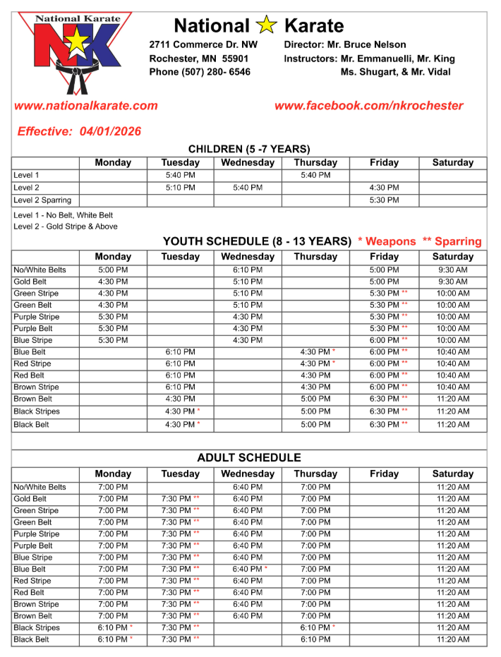 National Karate class schedule flyer with logo, website, phone numbers, and weekly timetable tables.