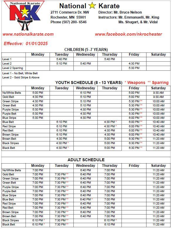 Karate class schedule: Children, Youth, and Adult classes. Includes days, times, and ranks.