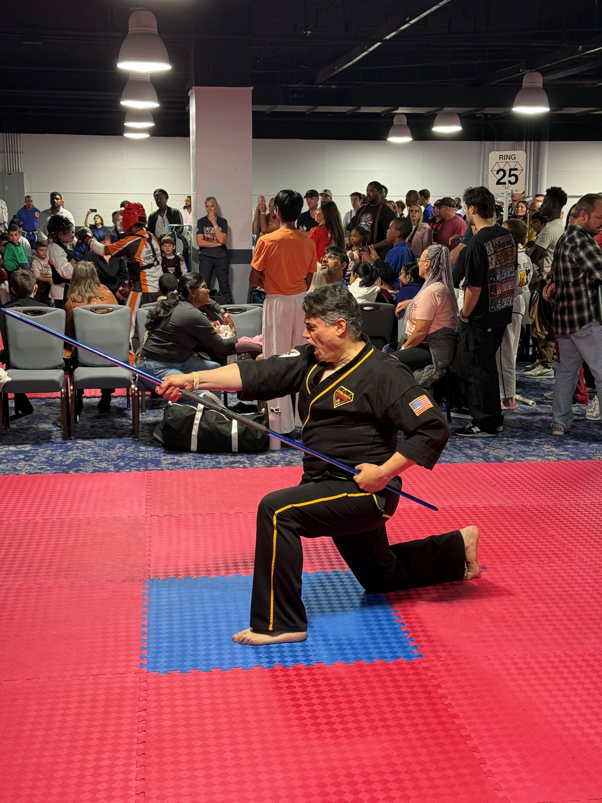 Martial artist in black uniform performs a low lunge