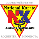 National Karate Academy logo: yellow triangle, red/blue NK, star, black belt, "Rochester Minnesota."