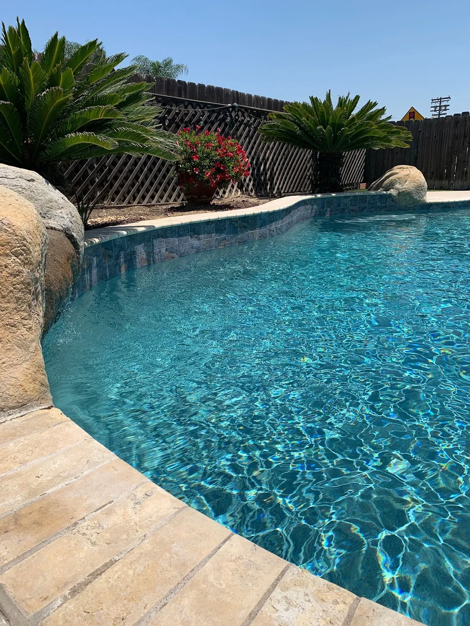 Pool with turquoise water, stone edge, and palm trees in the background under a blue sky.