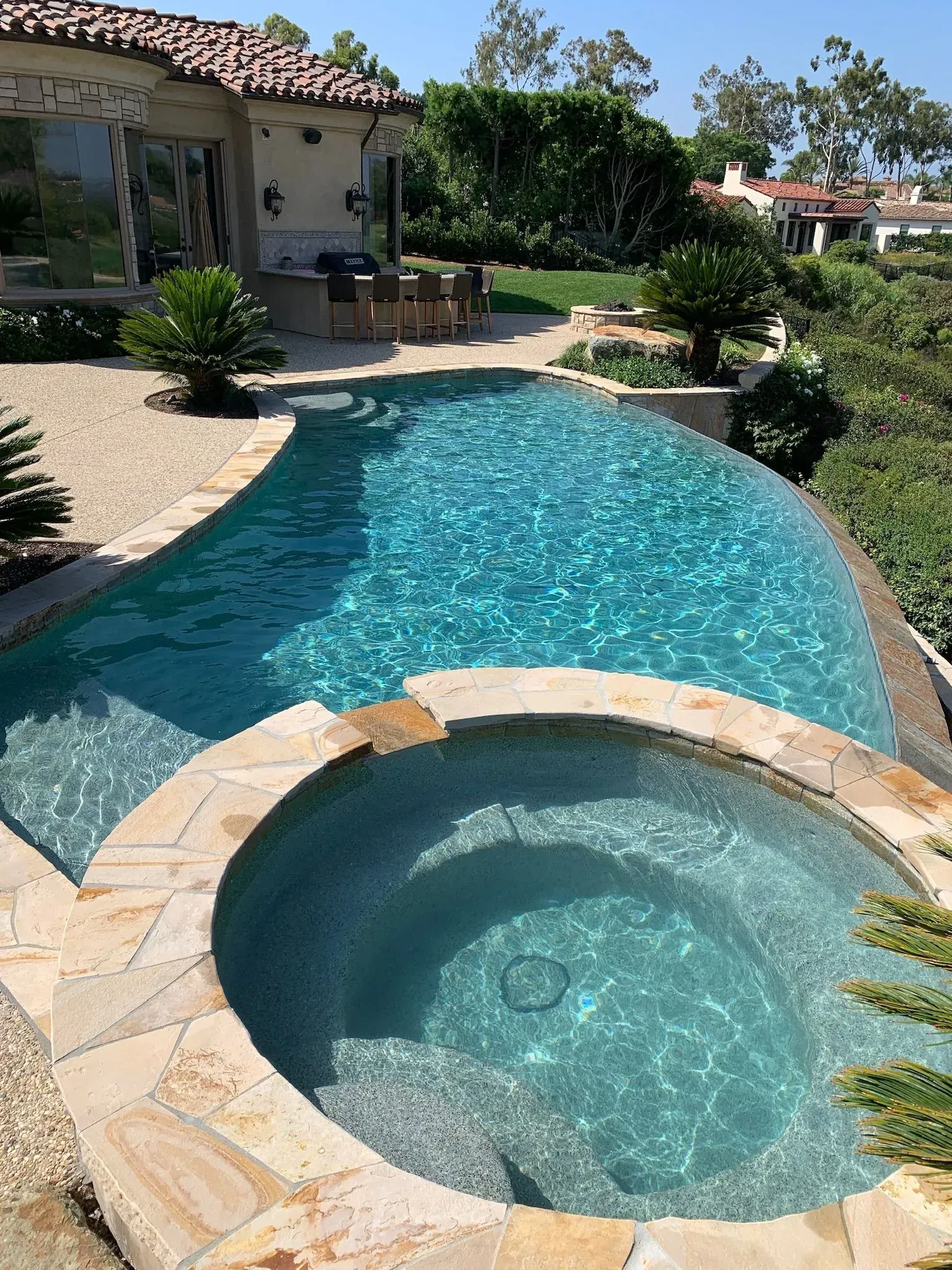 Pool and spa with blue water, surrounded by stone and greenery, sunny outdoor setting.