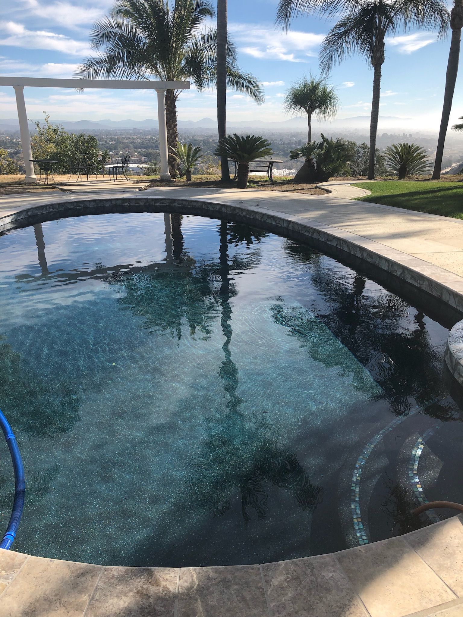 Swimming pool reflecting trees and sky, overlooking a distant city.