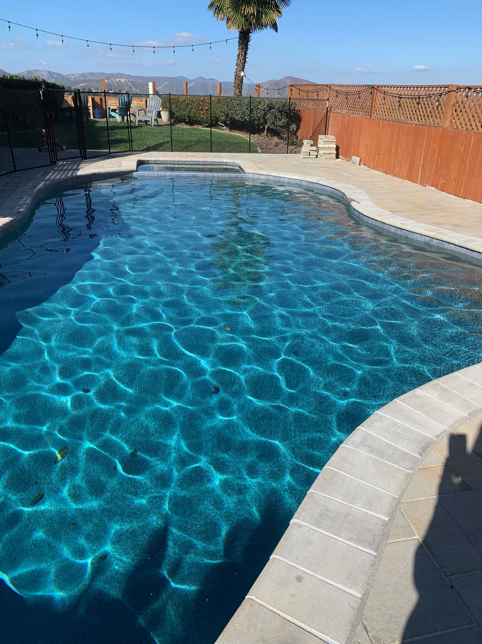 Blue swimming pool with light reflecting, surrounded by concrete and a brown wall.