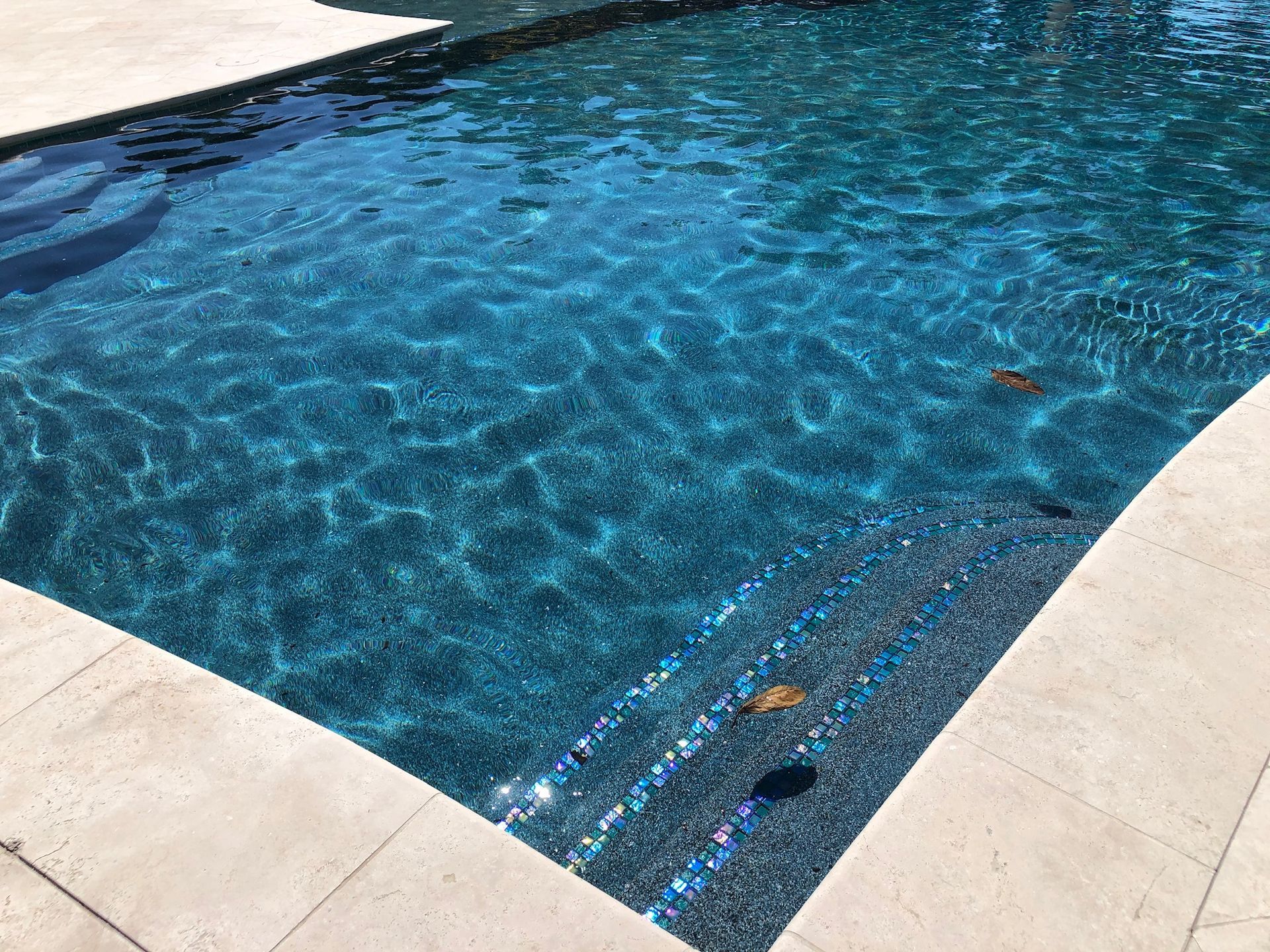 Sparkling blue tiled swimming pool with light-colored coping.