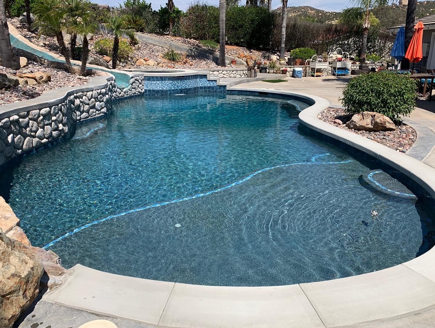 Swimming pool with dark blue water surrounded by stone and concrete, with a slide and landscaping.
