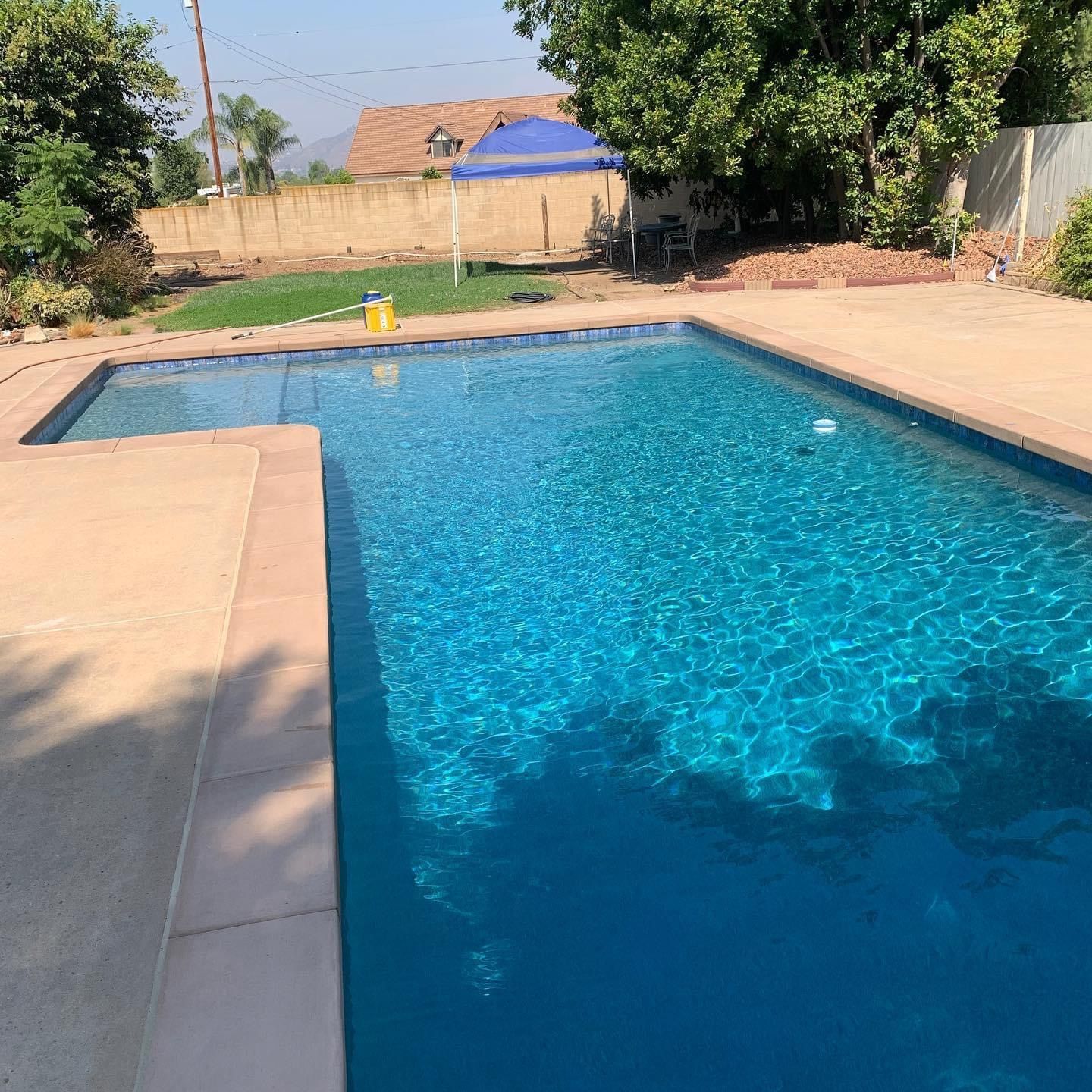 Rectangular swimming pool with blue water and tan concrete surround, in a backyard setting.