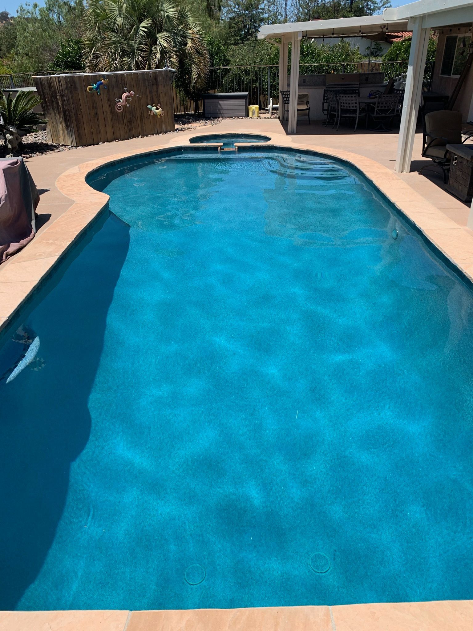 Swimming pool, blue water, tan concrete deck. Patio and landscaping in the background.