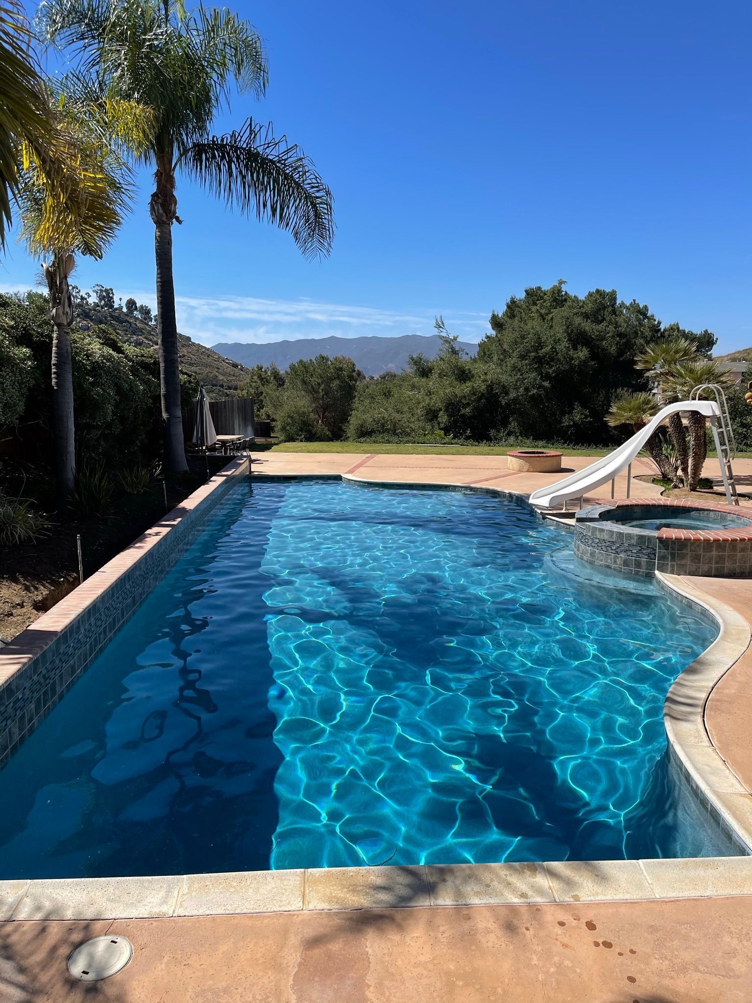 Swimming pool with blue water and a slide, surrounded by a patio and greenery under a sunny sky.