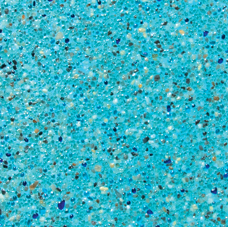 Blue and speckled pool finish with small stones and glass.