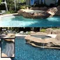 Two views of a pool; before and after, with a natural rock waterfall feature.