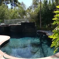 A dark blue pool with dark stone accents, surrounded by greenery and a wooden fence, outdoors.