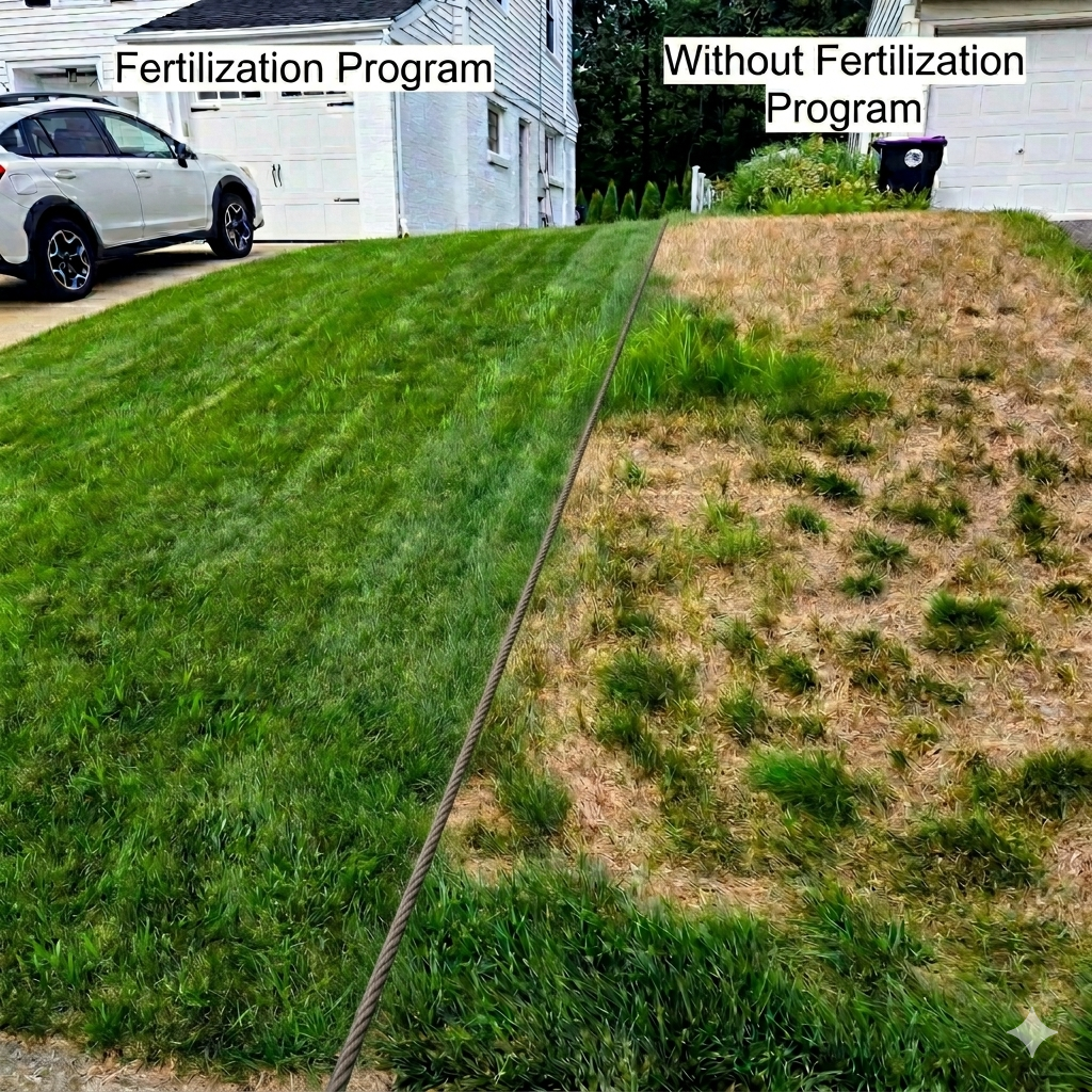 A side-by-side comparison of a lush green lawn using a fertilization program versus a dry, sparse lawn without one.