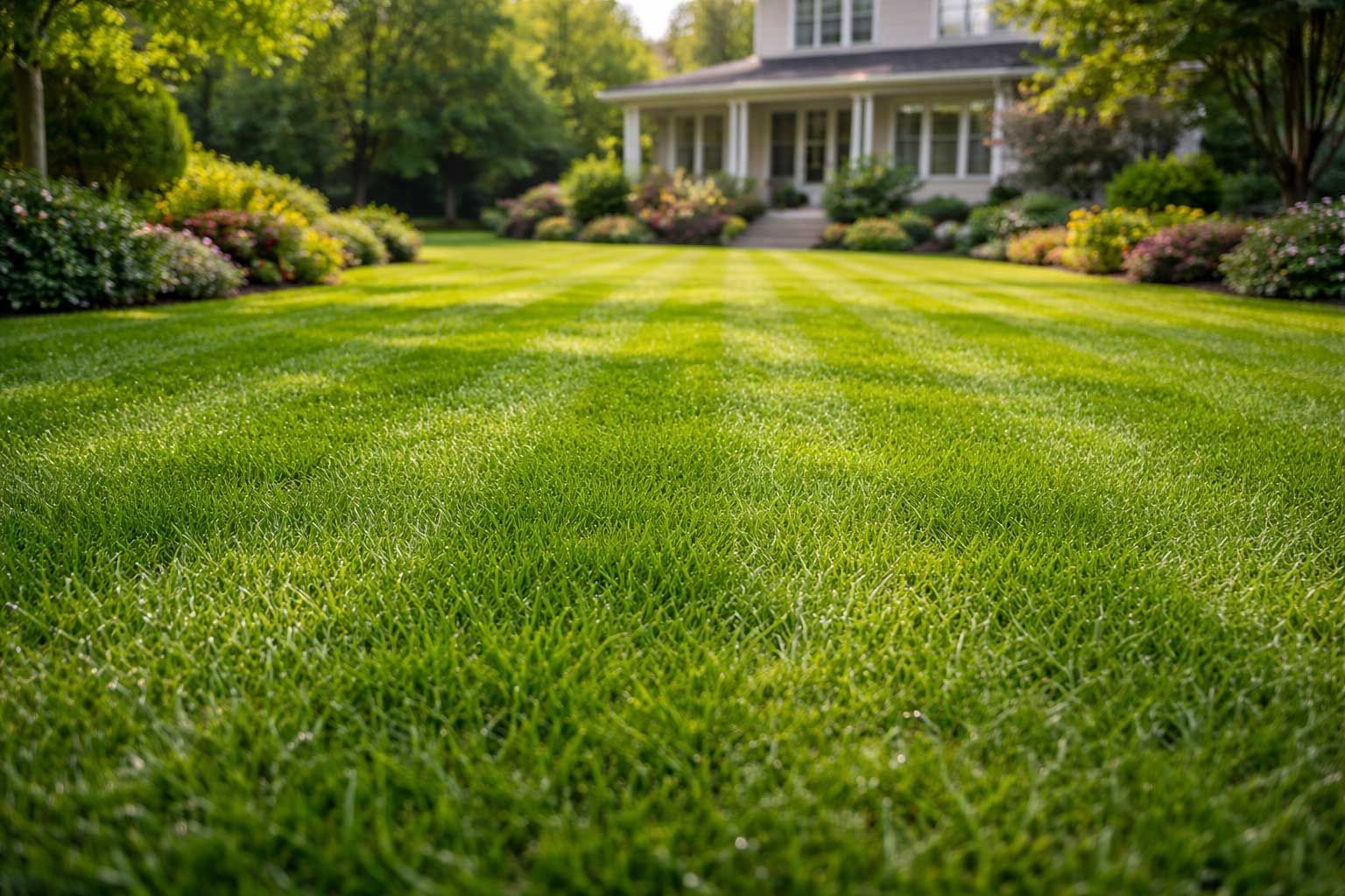 A manicured, striped green lawn stretches toward a house nestled among trees and landscaping in the background.