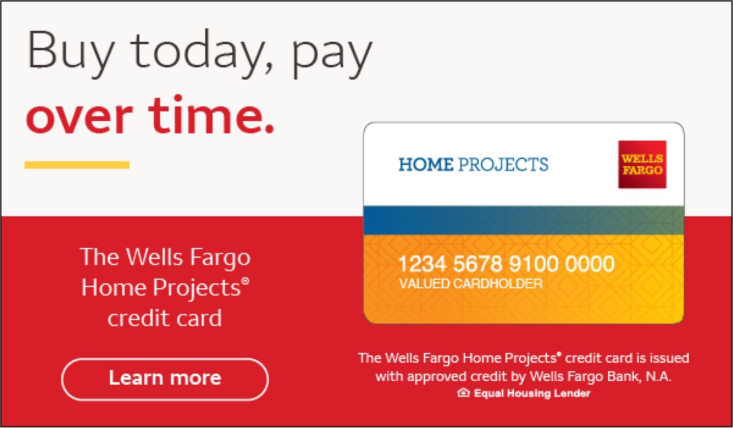 Wells Fargo Home Projects credit card ad with red card, Buy today, pay over time, and Learn more button