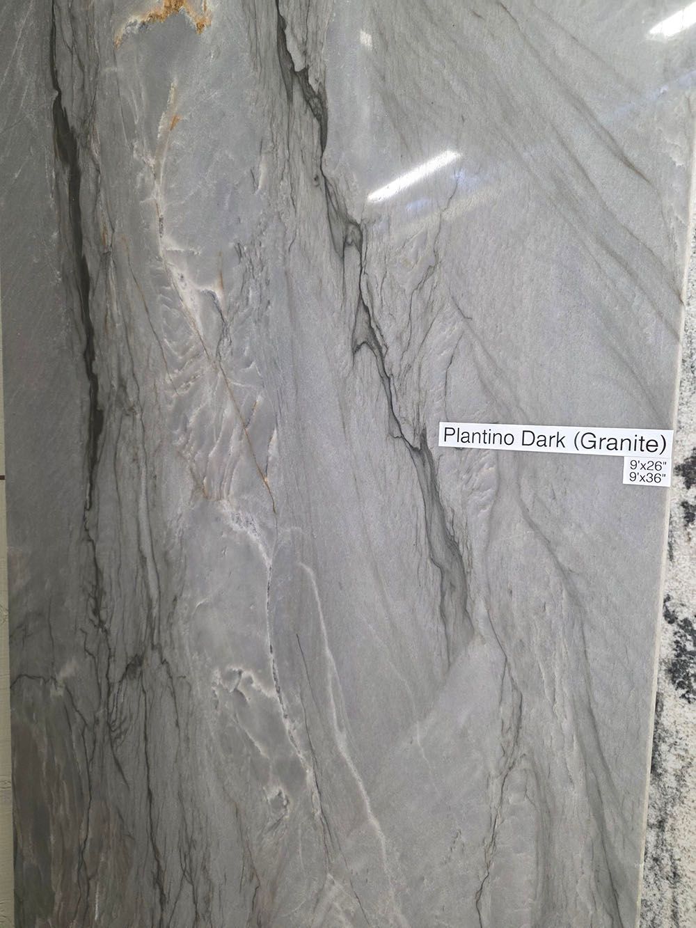 A large grey polished tile featuring a dark, natural stone-like vein pattern and a small white product label.