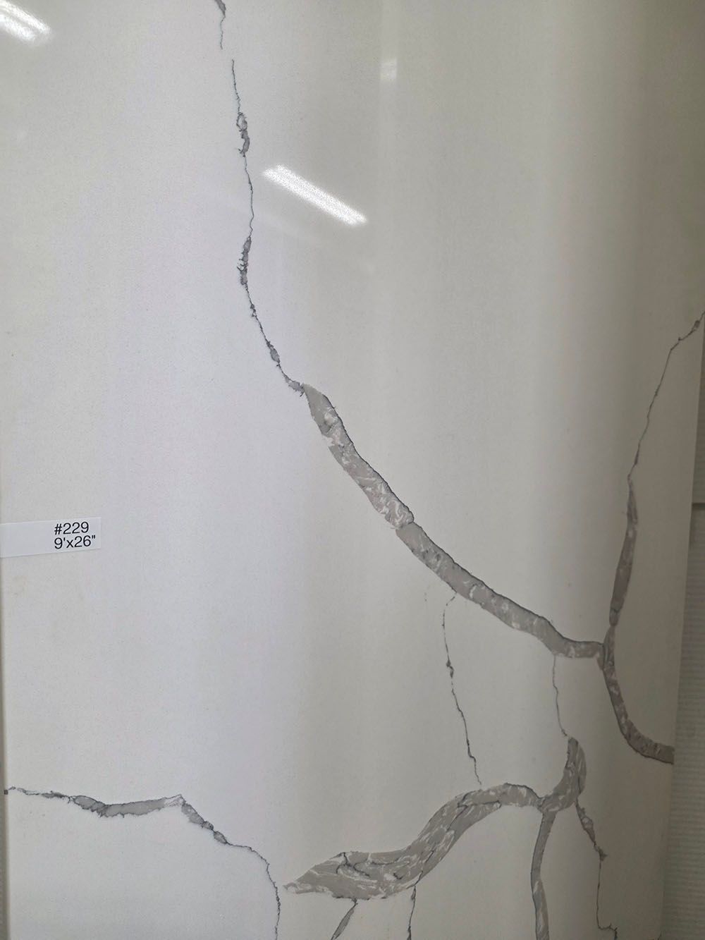 A slab of white quartz countertop featuring prominent, dark gray, branching veins throughout.