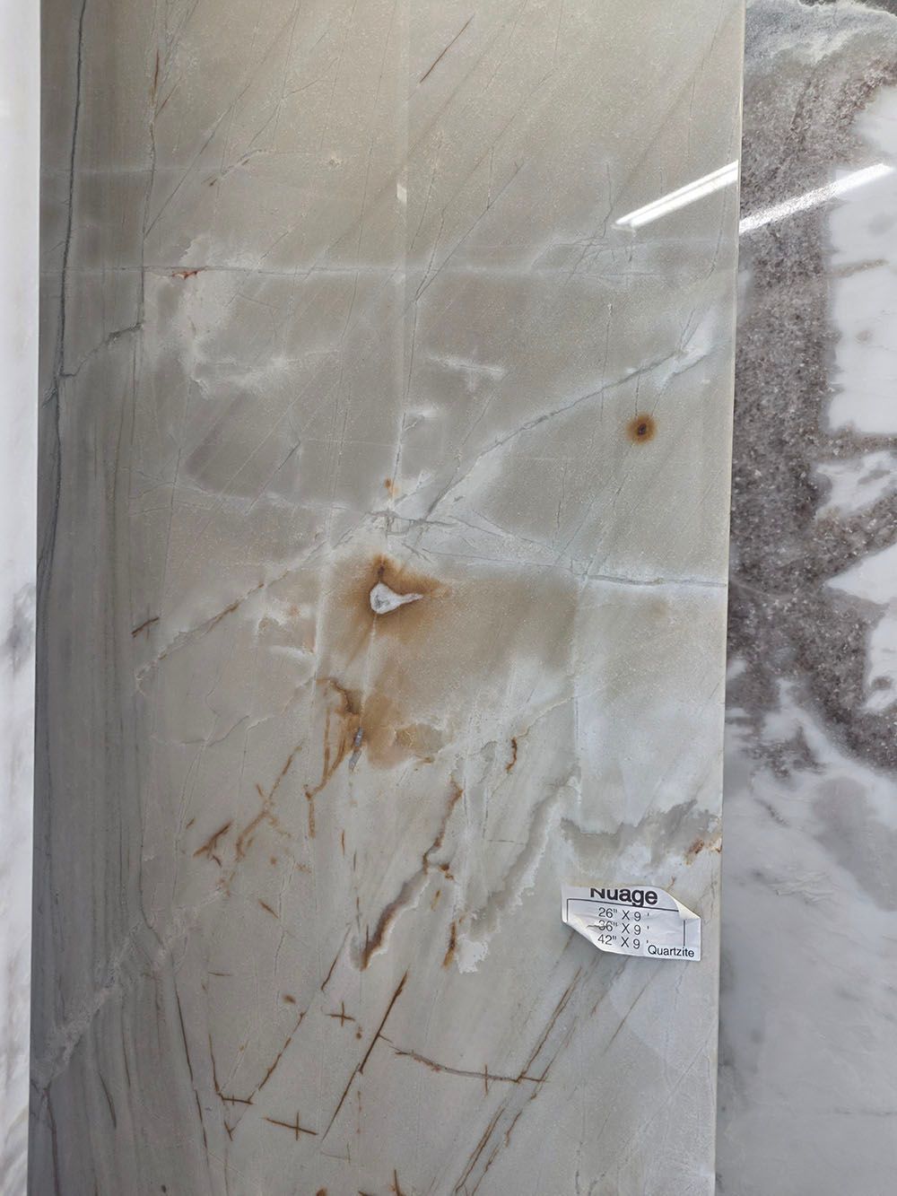 A slab of polished, light-toned stone with visible veining and distinct rust-colored mineral deposits.